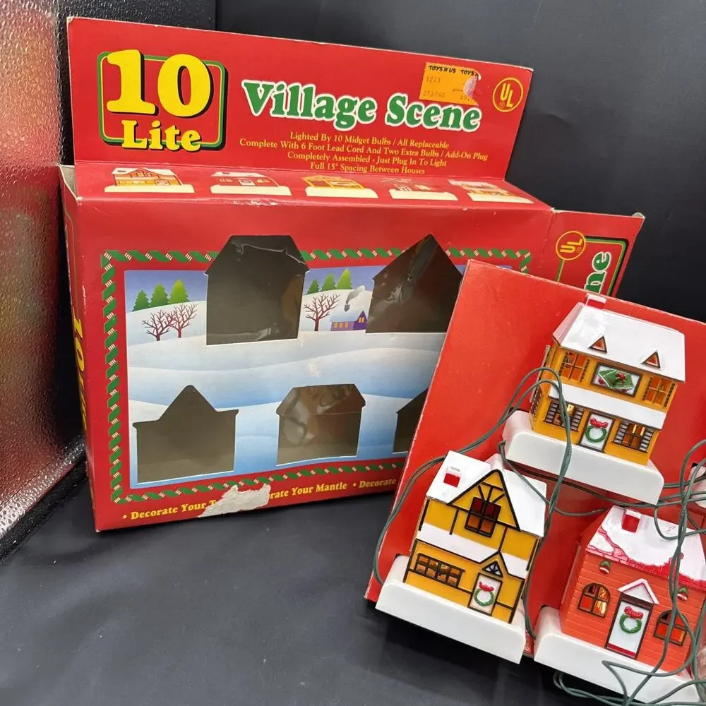 Vintage Tony Inc. 10 Light Christmas Village Scene, Lighted Cottage Panels.